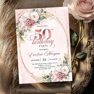 Lovely Rose Gold Blush Flowers 50th Birthday Party Invitation