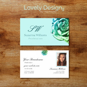 Lovely Rose on Plain Teal White Initials and Photo Business Card