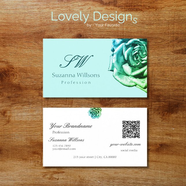Lovely Rose on Plain Teal White Initials QR Code Business Card (Creator Uploaded)