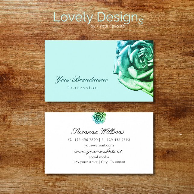Lovely Rose on Plain Teal White Simple Business Card (Creator Uploaded)