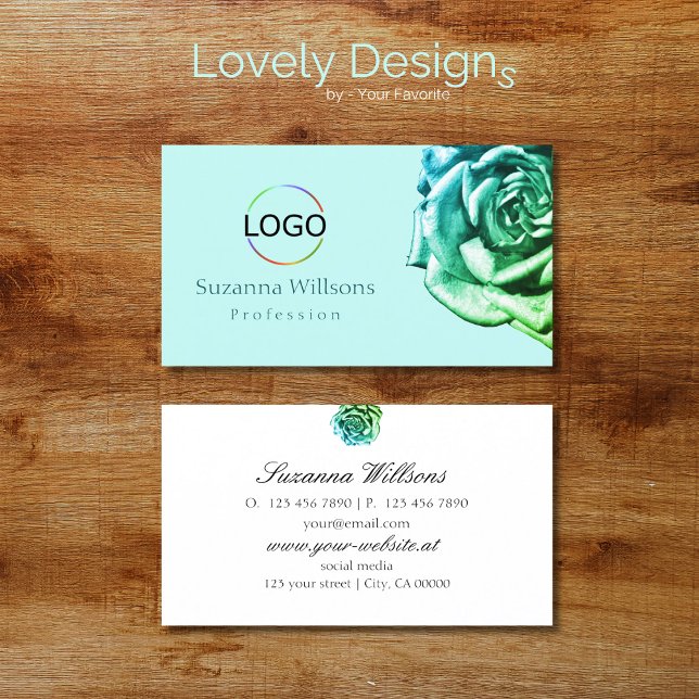 Lovely Rose on Plain Teal White with Logo Simple Business Card (Creator Uploaded)