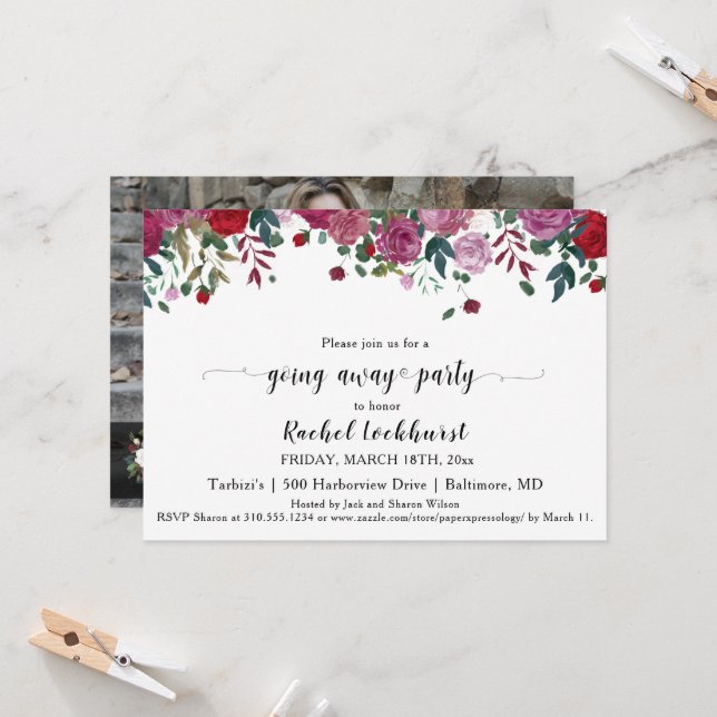 Lovely Roses Moving Going Away Party Photo Invitation (Front/Back In Situ)
