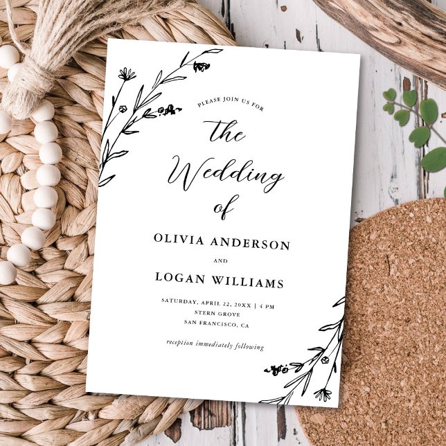 Lovely Rustic Black White Wildflower Boho Wedding Invitation (Creator Uploaded)