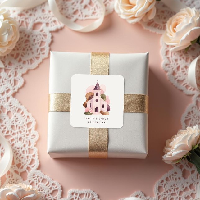 Lovely Rustic Pink Tones Church Wedding Square Sticker (Lovely Rustic Pink Tones Church Illustration Wedding Square Stickers Design.)