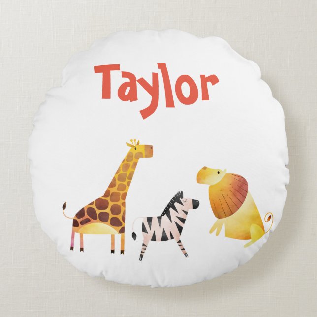 Lovely Safari Giraffe Lion and Zebra Round Cushion (Front)
