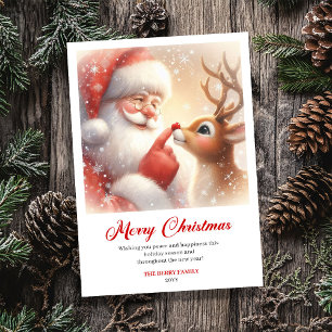 Lovely Santa And Rudolph Vintage Holiday Greeting  Card