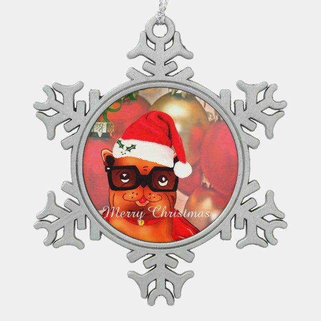 Lovely santa bulldog with santa hat snowflake pewter christmas ornament (Front)