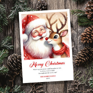 Lovely Santa Claus Rudolph Whimsical Christmas Holiday Card