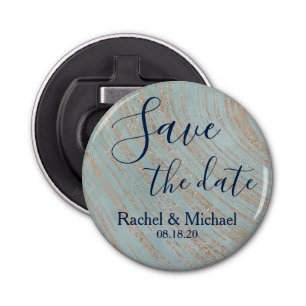 Lovely Save the Date Blue and Copper Bottle Opener
