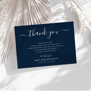 lovely script navy blue funeral thank you note card