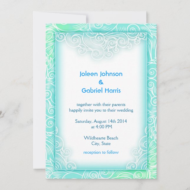 Lovely Seafoam Aqua Mint and White Beach Wedding Invitation (Front)