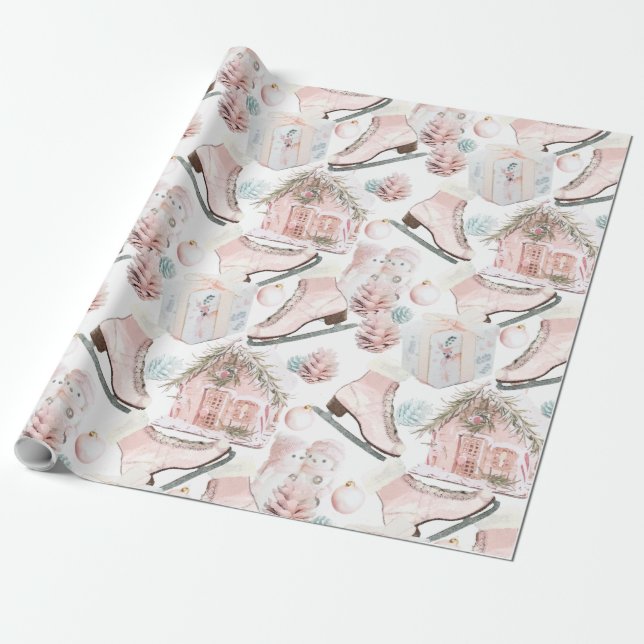 Lovely Shabby Chic Pink Christmas Pattern Wrapping Paper (Unrolled)