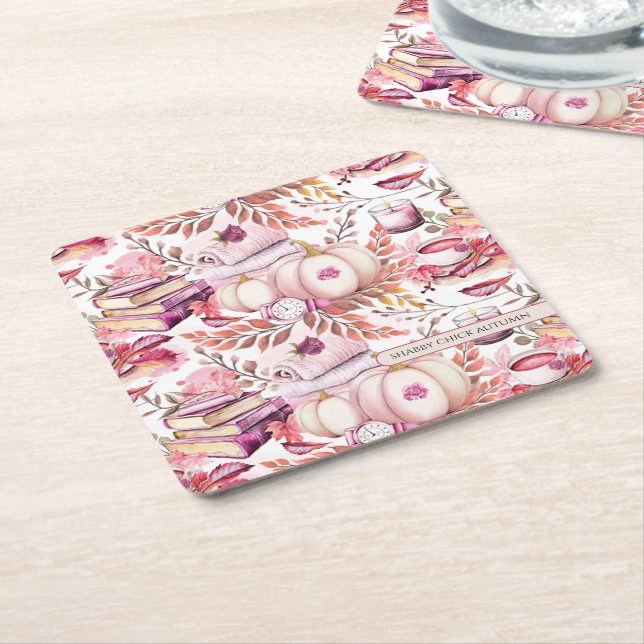 Lovely Shabby Chick Autumn Pattern Square Paper Coaster (Angled)