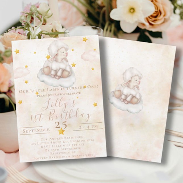 Lovely Sheep pinky cloud dust stars 1st Birthday Invitation (Creator Uploaded)