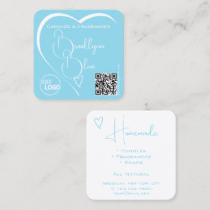 Lovely Sky Blue and White Heart with Logo QR Code Square Business Card