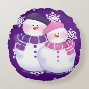Lovely Snowman Couple Round Pillow