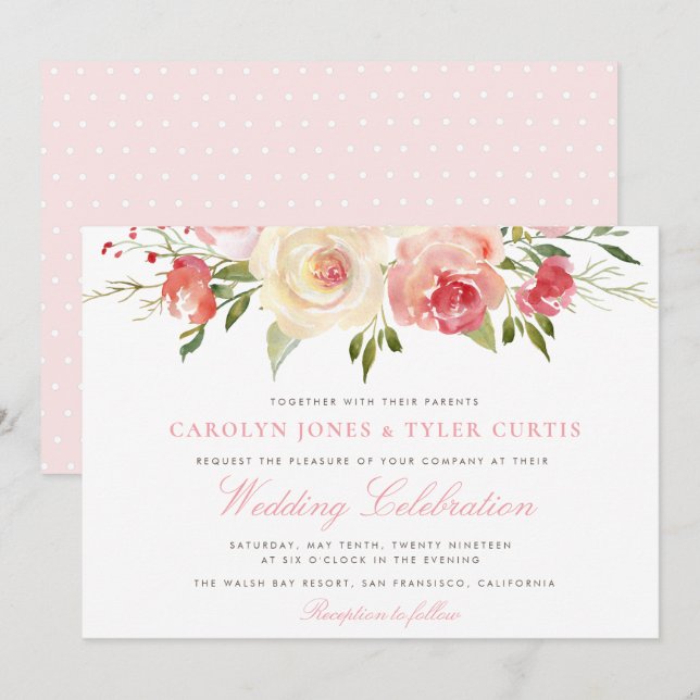 Lovely spring peach floral wedding invitation (Front/Back)