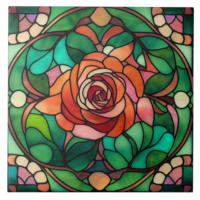 Lovely Stained Glass Style Floral Rose Ceramic Tile (Front)