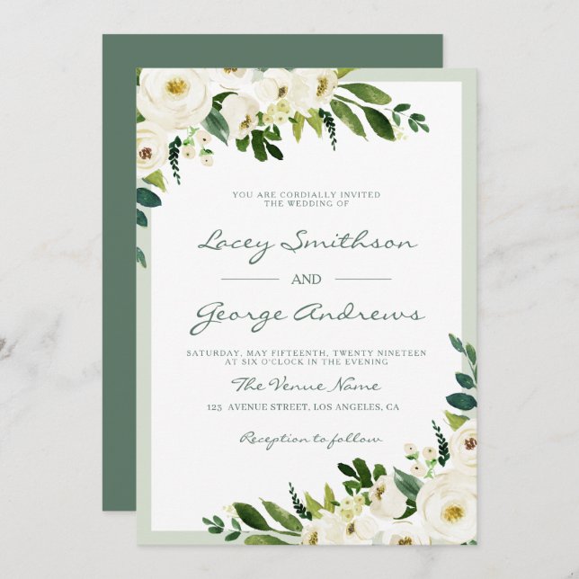 Lovely summer White floral wedding invitation (Front/Back)