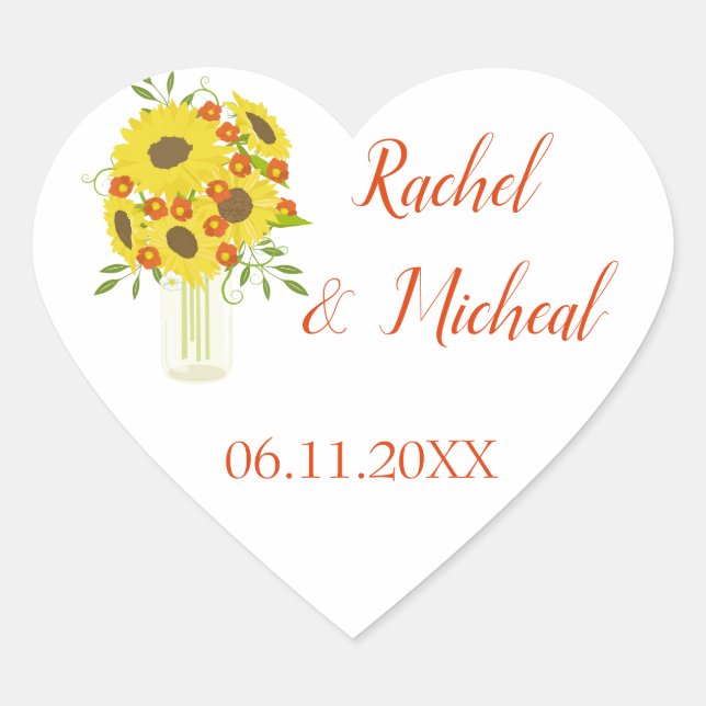 Lovely Sunflower Wedding Heart Sticker (Front)