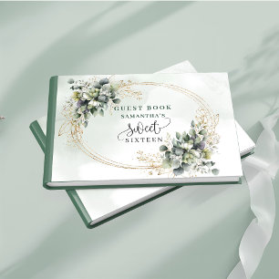 Lovely Sweet 16 dusty green watercolor foliage Guest Book