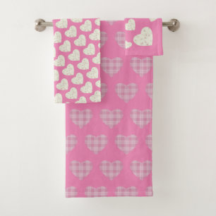 Lovely Tartan Hearts Flowers Blush Pink Grey Bath Towel Set