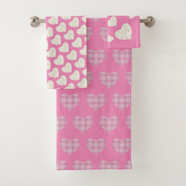 Lovely Tartan Hearts Flowers Blush Pink Grey Bath Towel Set (Insitu)