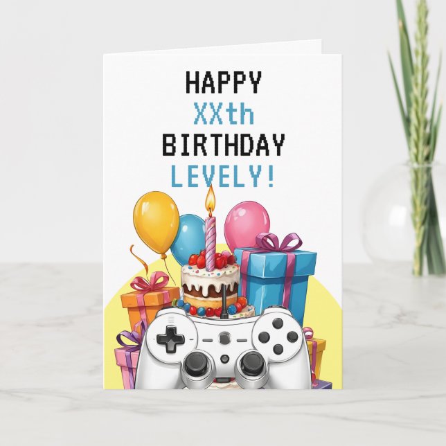 Lovely Teal and White Pixel Controller Birthday Card (Front)