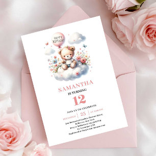 Lovely teddy bear balloon flower girl birthday  invitation