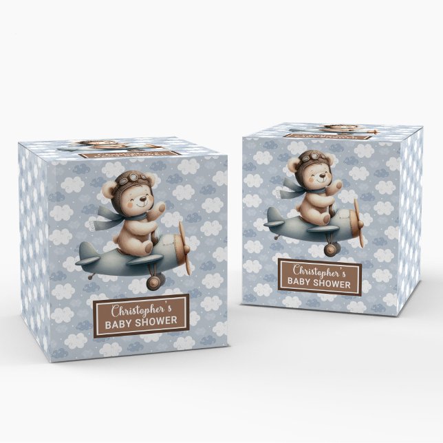 Lovely Teddy Bear Pilot Blue Baby Favour Box (Lovely Teddy Bear Pilot Blue Baby Favor Box)