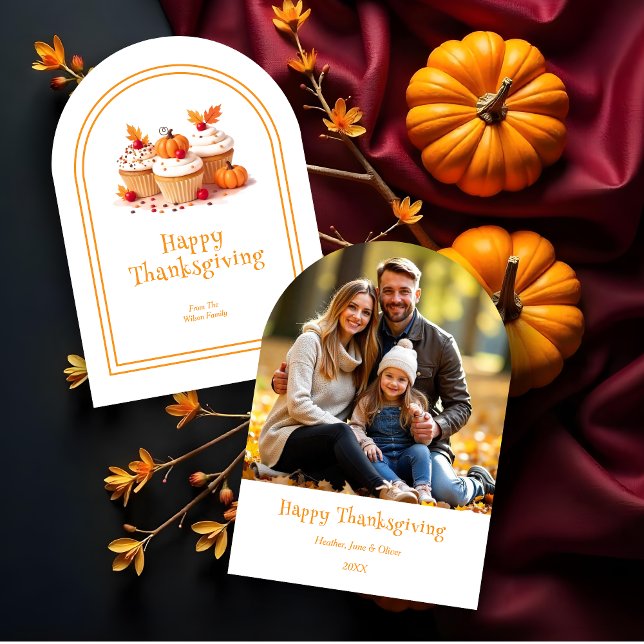 Lovely Thanksgiving Cupcakes Photo Family Invitation (Lovely Thanksgiving Cupcakes Photo Family Holidays Cards with a Modern Arch Border Style. )