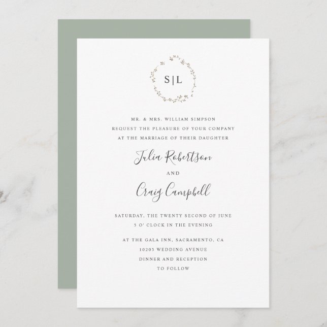 Lovely tiny leaves formal monogram wedding invitation (Front/Back)
