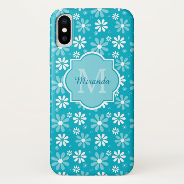 Lovely Turquoise Daisy Flowers Monogram and Name Case-Mate iPhone Case (Back)