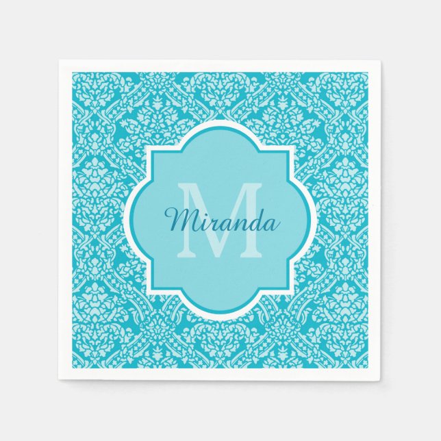 Lovely Turquoise Damask Pattern Monogram With Name Napkin (Front)
