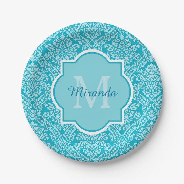 Lovely Turquoise Damask Pattern Monogram With Name Paper Plate (Front)