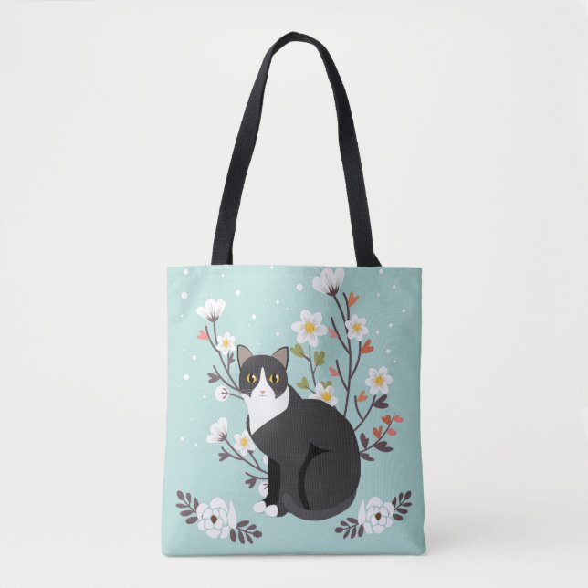 Lovely Tuxedo Cat in Flowers All-Over-Print Tote (Front)