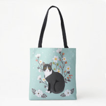 Lovely Tuxedo Cat in Flowers All-Over-Print Tote