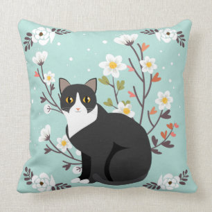 Lovely Tuxedo Cat in Flowers Throw Pillow