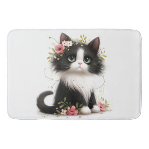 Lovely Tuxedo Kitten with Flowers  Bath Mat