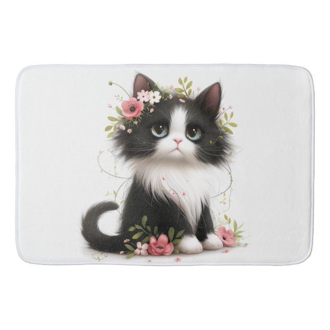 Lovely Tuxedo Kitten with Flowers  Bath Mat (Front)