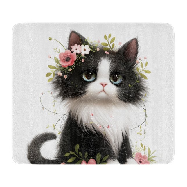 Lovely Tuxedo Kitten with Flowers  Cutting Board (Front)