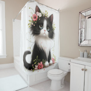 Lovely Tuxedo Kitten with Flowers  Shower Curtain