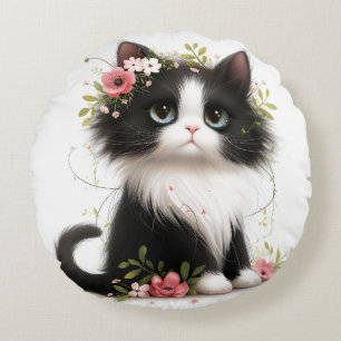 Lovely Tuxedo Kitten with Flowers Throw Pillow