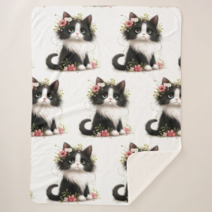 Lovely Tuxedo Kitten with Flowers Throw Pillow