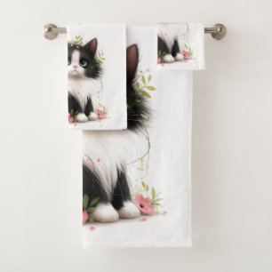 Lovely Tuxedo Kitten with Flowers Throw Pillow Bath Towel Set