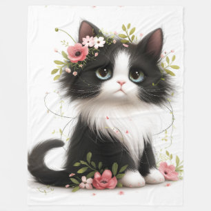 Lovely Tuxedo Kitten with Flowers Throw Pillow Fleece Blanket