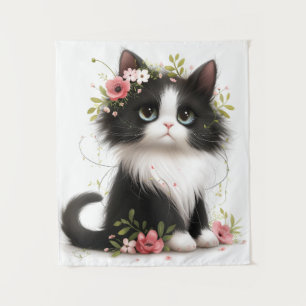 Lovely Tuxedo Kitten with Flowers Throw Pillow Tapestry
