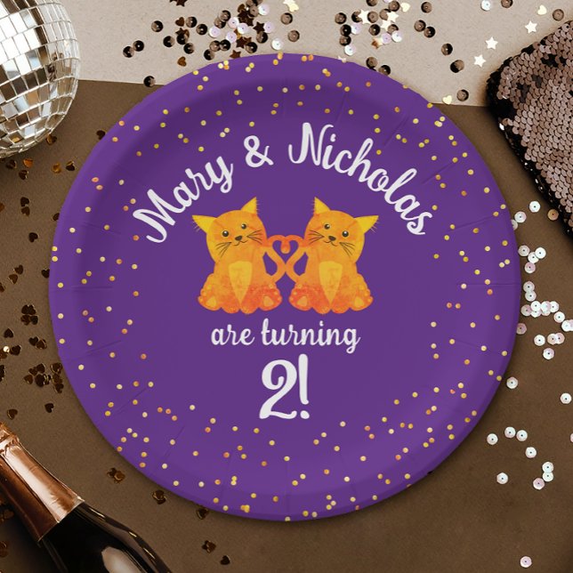 Lovely Twins Birthday Kittens Cartoon Party Purple Paper Plate (Creator Uploaded)