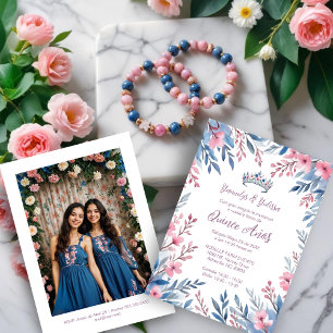Lovely Twins Botanical Frame Tiara Spanish Photo  Invitation