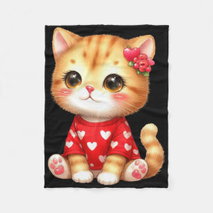 Lovely Valentine Cat Kitten With Heart Fleece Blanket